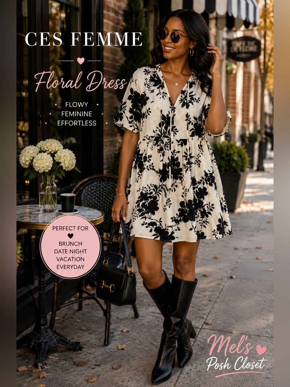 🖤🤍✨Ces Femme Black Ivory Floral Babydoll Tunic Dress Tie Neck|Medium🖤🤍✨